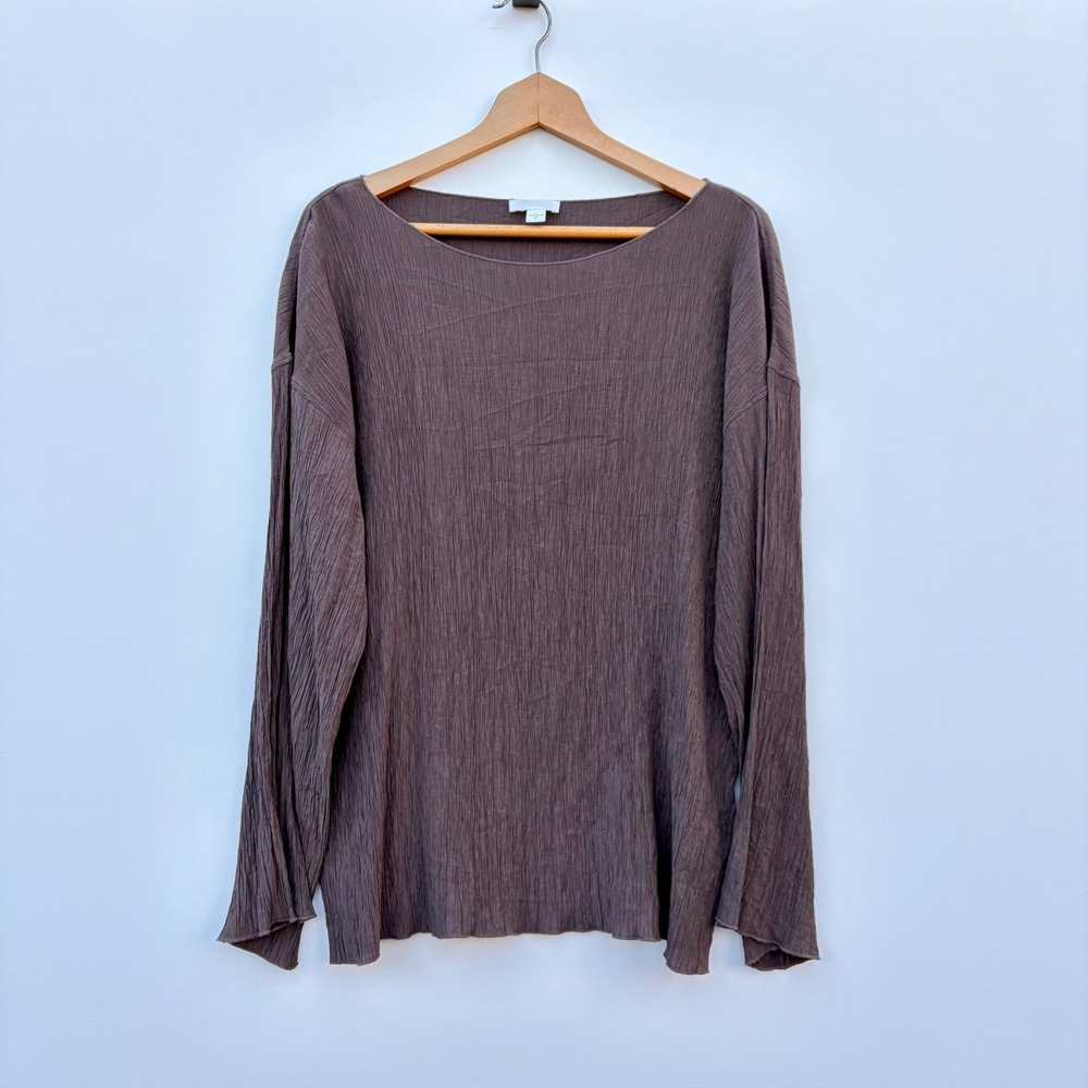 Arket Womens Brown Plisse Crinkle Long Sleeve Boat Neck Oversized Top Size L